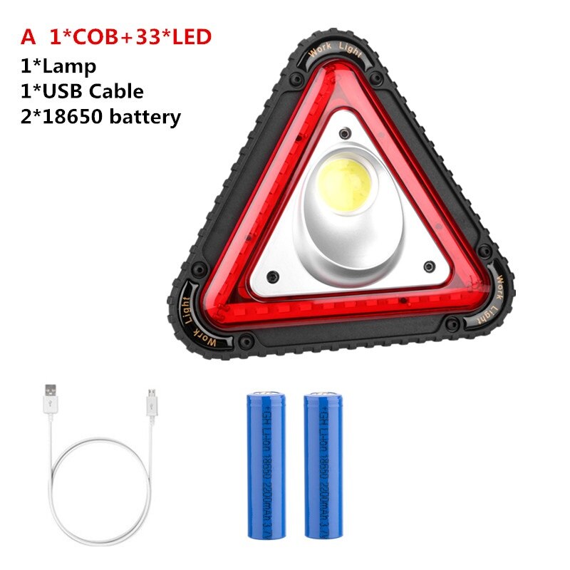 Usb laddningsbar triangel varning led strålkastare cob led bil reparation arbetslampa 18650 handtag bärbar campingljus söklykta: A med batteri