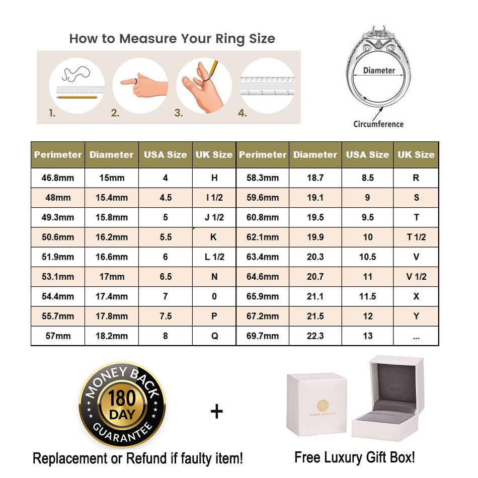 Newshe 2 Stücke Eheringe für Frauen Solide 925 Sterling Silber Verlobungsring Braut Set 1,6 Karat Halo Rundschliff AAAAA Zirkon