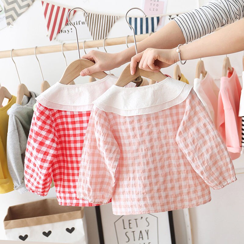 Baby Meisjes Shirt Little Peuter Lente Katoen Blouse Lnfant Roze Raster Bowtie Zachte Casual Leuke Comfortabele Strik Ronde Kraag