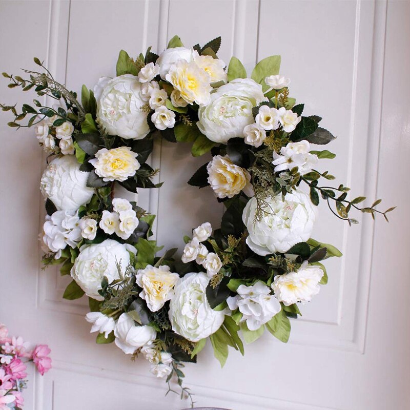 16 tommer pæon hortensia krans, kunstig pæon blomst krans dør krans med grønne blade forår krans til hoveddøren, bryllup