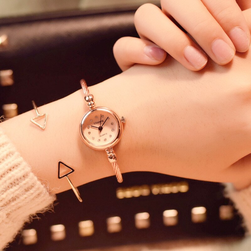 Diamant luksus ståltråd armbånd armbånd ure kvinder mærke små vintage damer armbåndsure kvindelige ur: Rose guld