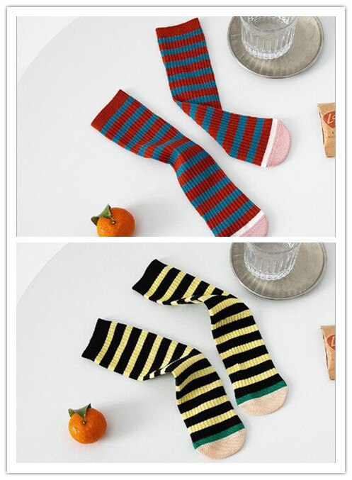 Chaussettes sans talon pour enfants de 1 à 8 ans, lot de 2 paires, pour étudiants, droites, rayées, couleur assortie, printemps: 5
