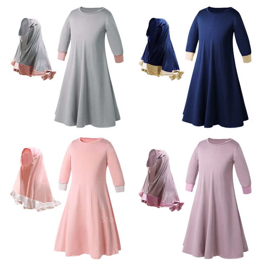 Moslim Traditionele Kleding Islamitische Gewaad Kids Baby Meisjes Rijker Saudi Arabische Dubai Effen Abaya Kaftan Met Ruche Boog Hijab Jurk