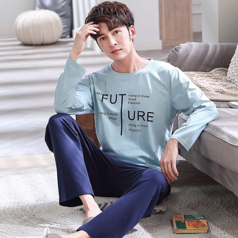 pajamas set for men sleepwear letter prints nightwear winter long sleeved nightie male plus size pyjamas autumn suit