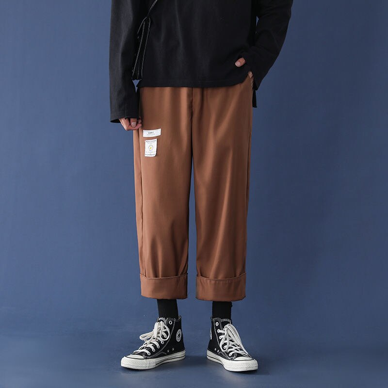 Loose Trend Casual Pants Men Drape Straight Wide-leg Trousers Spring Summer Solid All-match Elastic Waist Cloth Overalls: M / Caramel