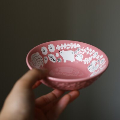 Keramische Mosterd Geel Roze Animal Forest Drie-Dimensionale Illustratie Stijl Lange Schotel/8 Inch Schotel Kleine Kom: Pink Small Bowl