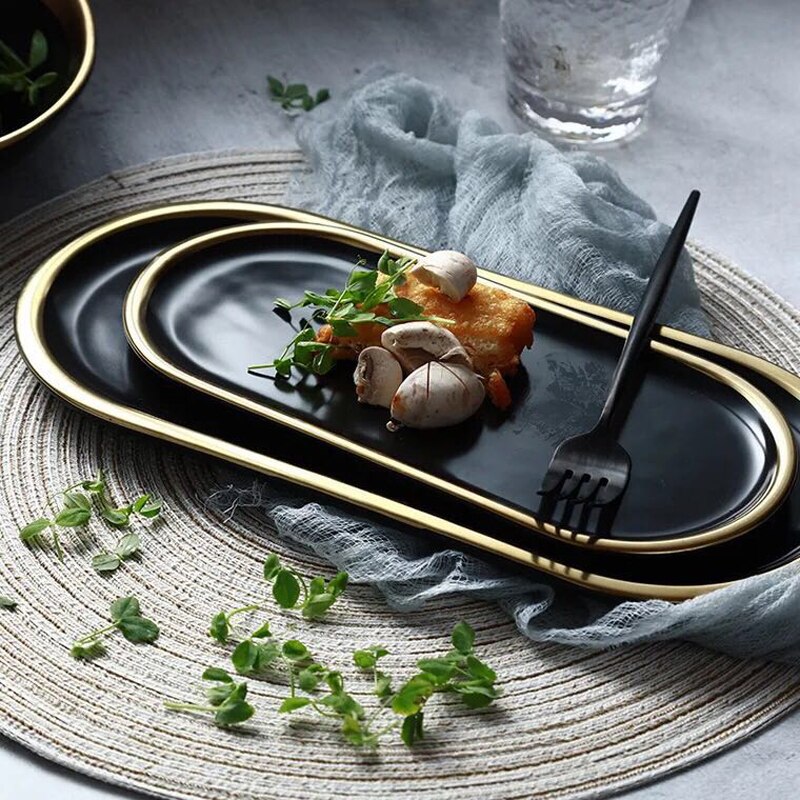 Gold Überzug Keramik Marmor StorageBreakfast Oval Platte Schmuck Tablett Nachtisch Erzähler Dekoration Tablett Schwarz Weiß Europa Lebensmittel Obst