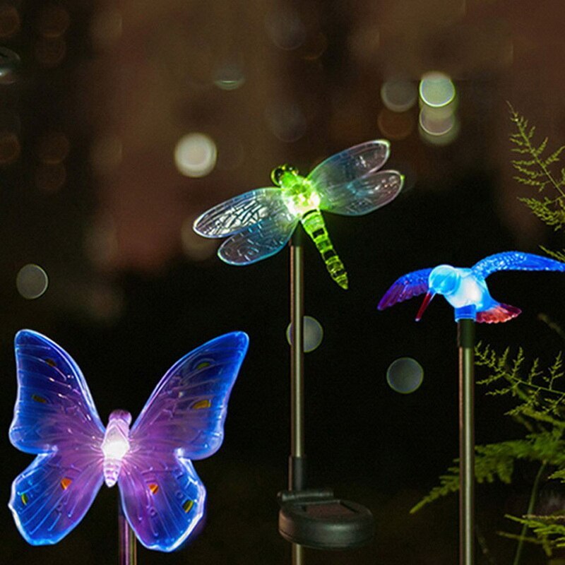 Rgb udendørs led græsplæne lys havelamper vandtæt til havedekoration sommerfugl fugl guldsmede kunst sol lampe