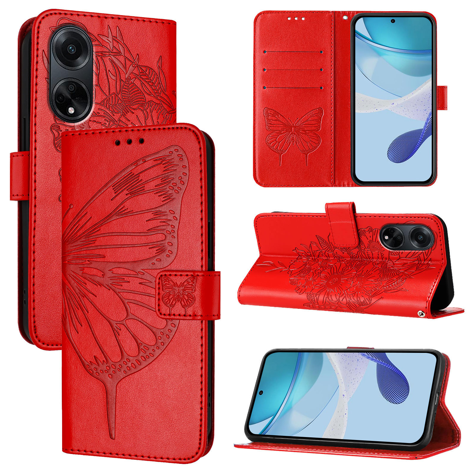 Étui portefeuille à rabat en cuir PU pour Oppo A60 4G, coque de téléphone, porte-cartes papillon, pour OPPO A60 A38 A18 4G A98 5G: Aluminium / Rouge