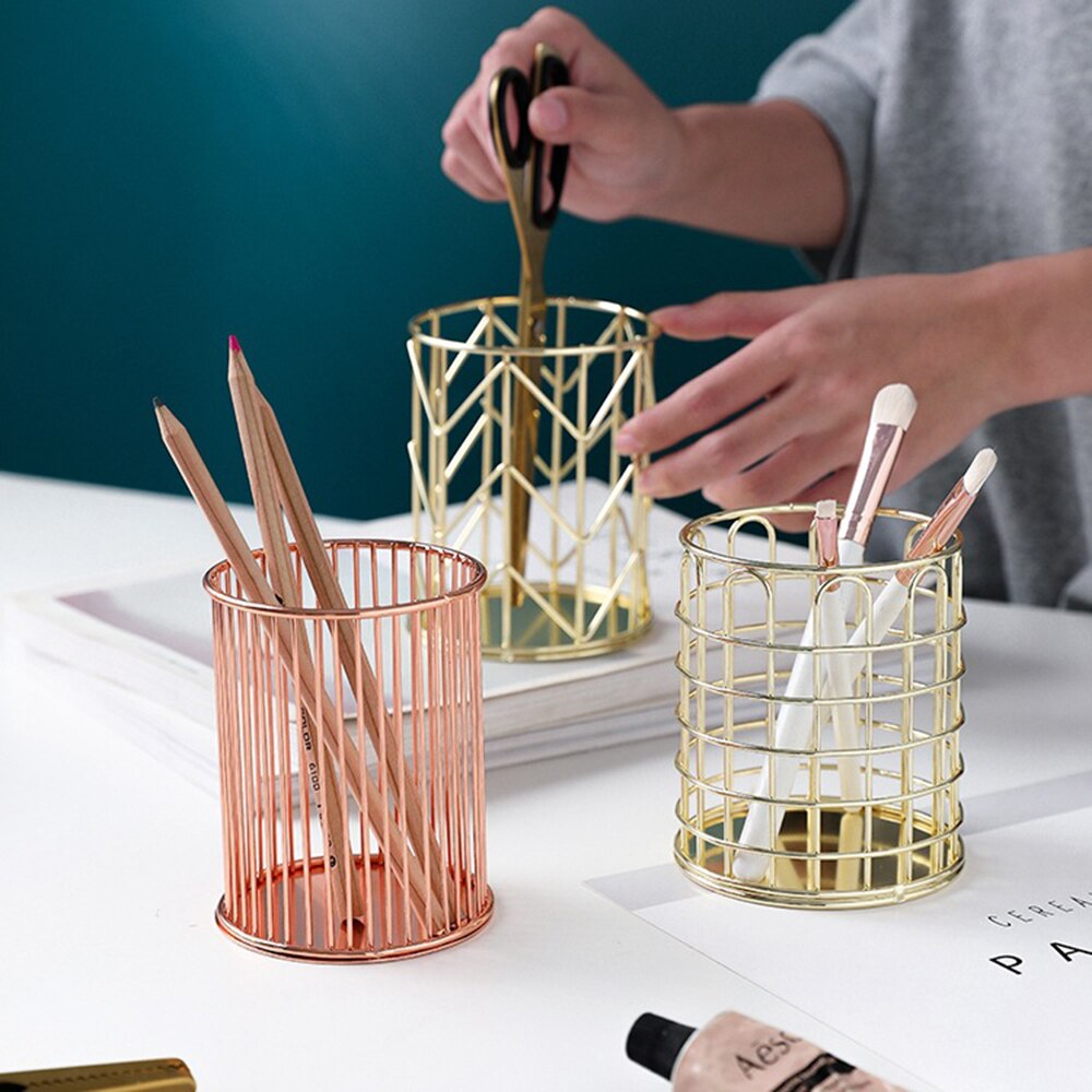 Nordisk hul metal rosa guld makeup børste opbevaring spand ins skønhedsværktøj børste opbevaring tube desktop penholder iron art cvs