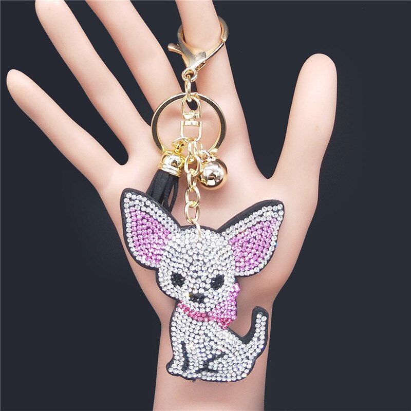 Chihuahua Dog Crystal Bag Accessories for Women Yellow Gold Color Keyring Jewelry llaveros para mujer K2502S01: BK heibai