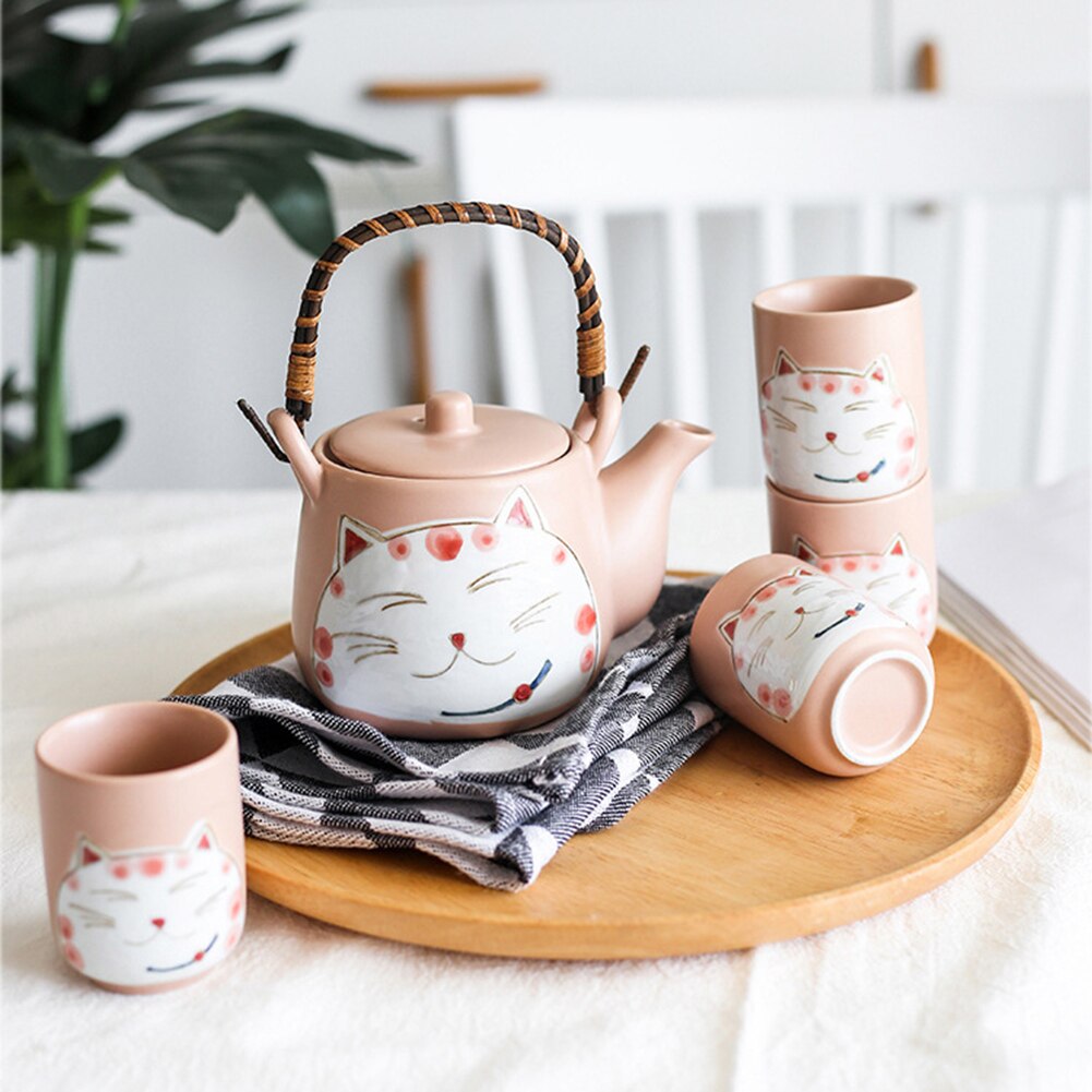 5 pçs design japonês gato sorte cerâmica pote de chá canecas kit com filtro decoração para casa para o aniversário de casamento presentes de natal