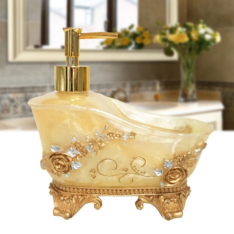 Badeværelse sæbedispenser harpiks emulsion dispenser flaske guld hoved bærbar hotel skønhedssalon håndbruser gel shampoo flaske