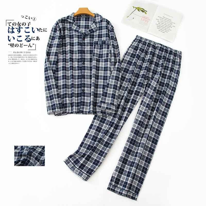 BZEL Long Sleeve Pajama Set Cotton Man Sleepwear Plaid Pyjamas Turn-down Collar Homewear Tops+Pants Pijama Men Sleep Lounge 2PCS: 001 / M