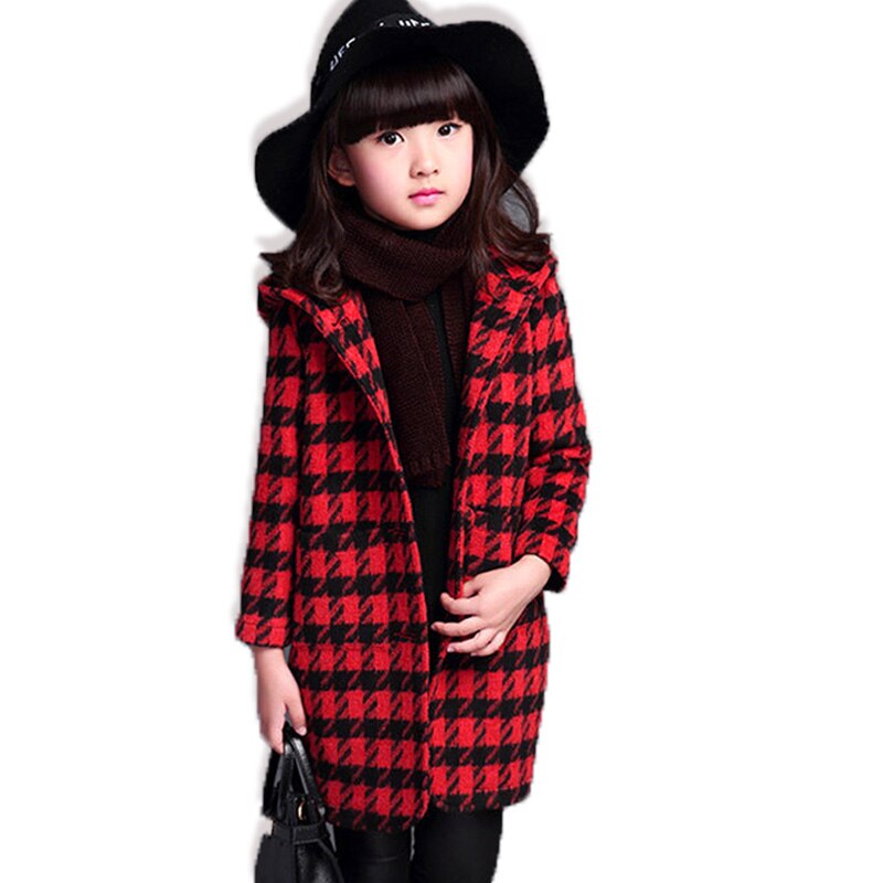 Småbarn jente ullkåpe høst vår klær i koreansk stil rutete kashmirjakke yttertøy parkas hette enspent  yy10