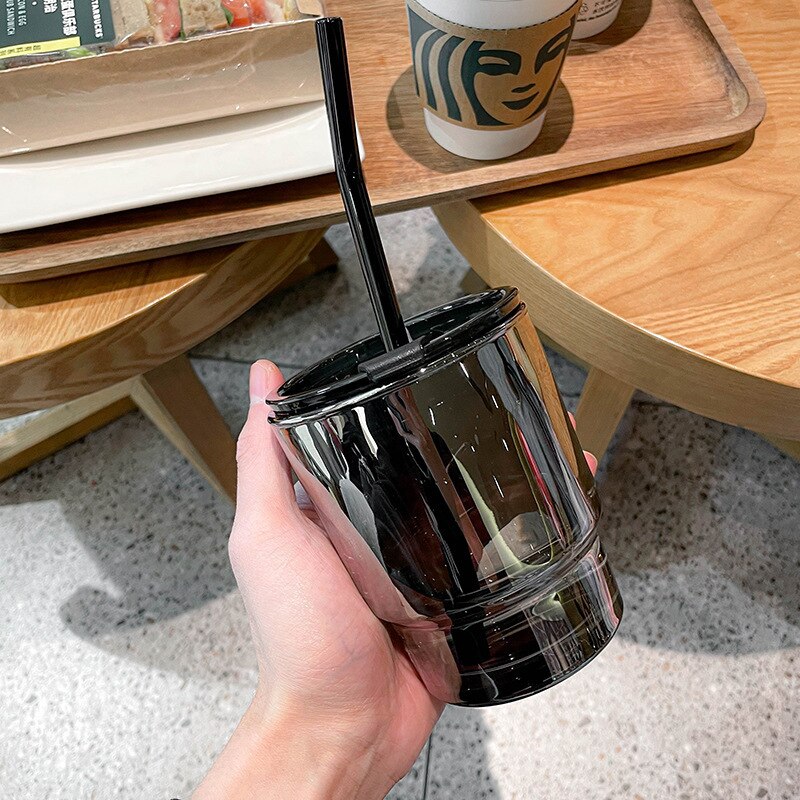 Coffee Cup High-grade Exquisite Glass Water Cup High Color Straw Cold Extraction Cup Ins Style Feeling Double Mouth Cup: Premium Grey 350ml