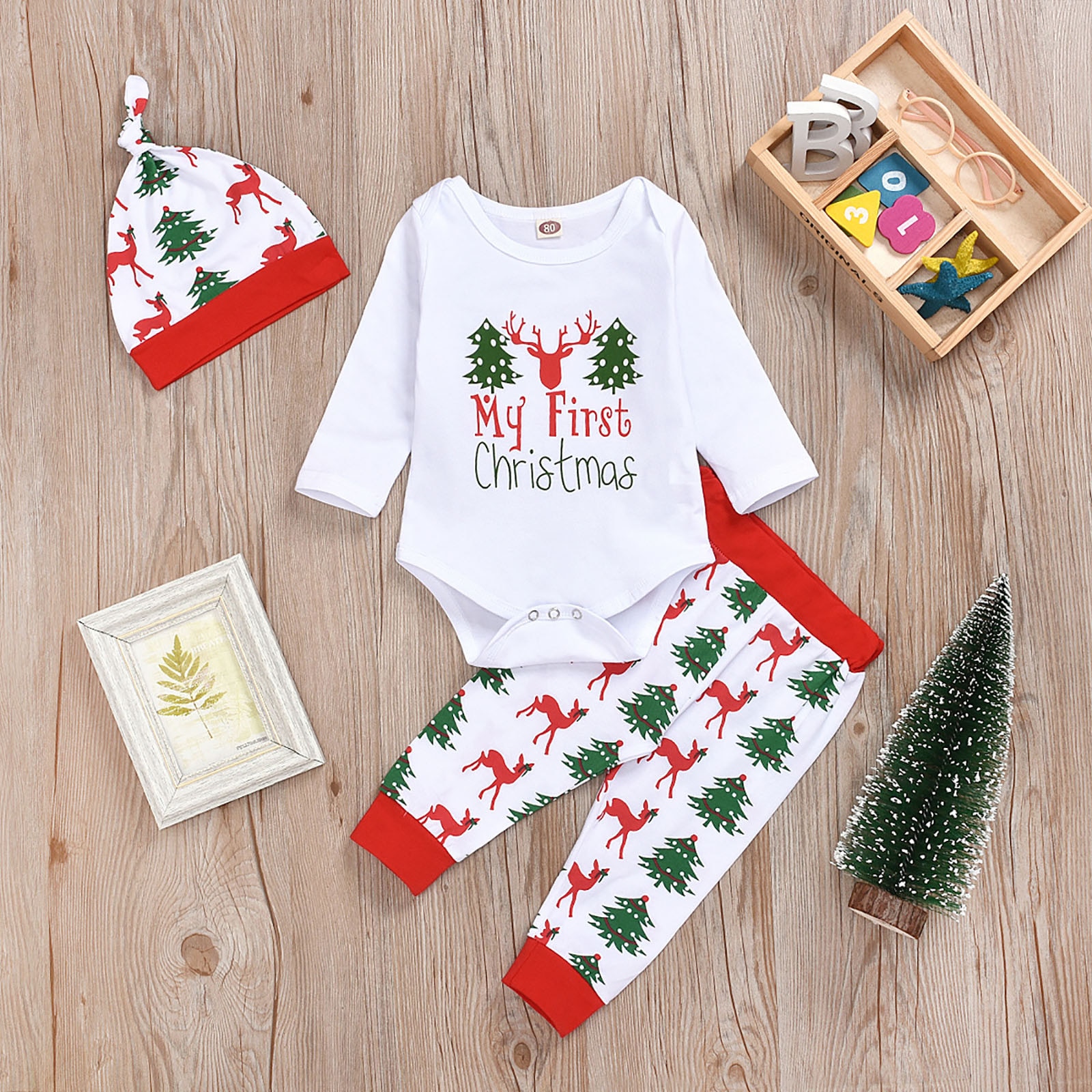 Meu primeiro natal roupas da menina do bebê recém-nascido meninos a letra os veados imprimir roupas roupas macacão + calças + chapéu conjunto crianças