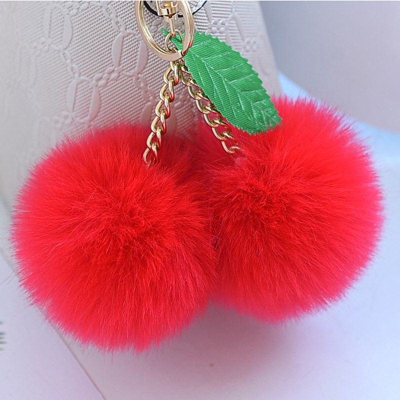 Leuke Pluizige Faux Konijnenbont Bal Pompom Sleutelhanger Cherry Gold Sleutelhanger Pom Pom Sleutelhanger Bag Charms Wedding trinket