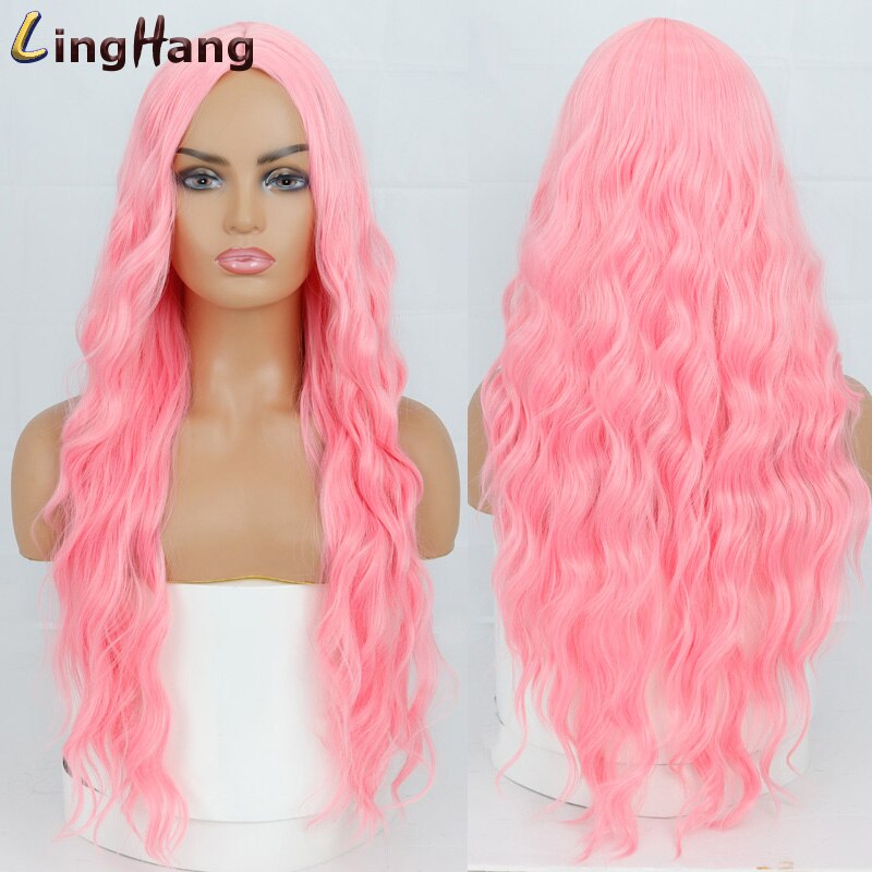 Leng Hangen Lange Water Wave Kapsel Pruiken Paars Blauw Roze Goud Hoge Temperatuur Synthetische Midden Pruik Cosplay Vrouwelijke Pruik: 90c