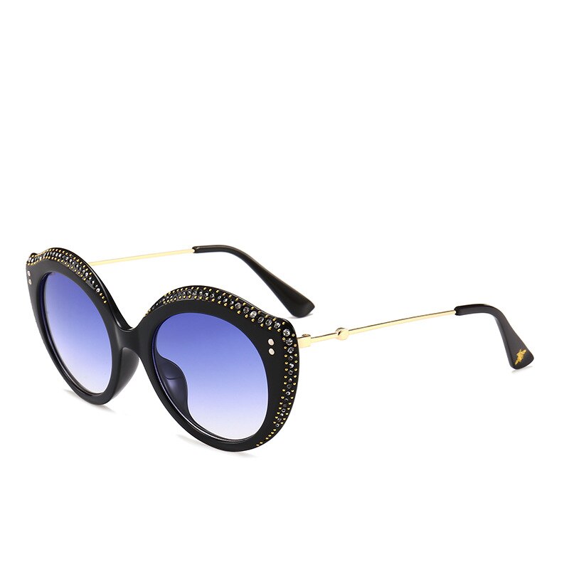 Överdimensionerad båge inlagd diamant kvinnliga solglasögon tillfälligt tidskrift street shot läppform cat eye linser solglasögon: Blå