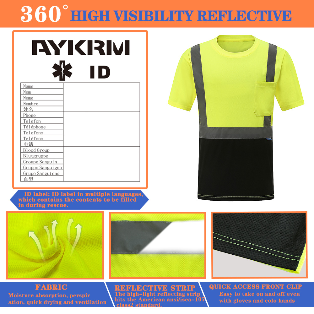 AYKRM – T-shirt de travail réfléchissant haute visibilité pour homme et femme, vêtement de sécurité Fluorescent, respirant et estival, XS-6XL