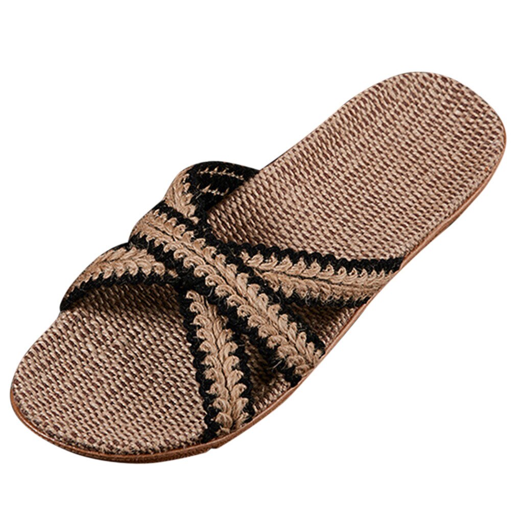 Zomer Platte Open Teen Slippers Slippers Vrouwen Mannen Thuis Zomer Kruis Riem Dames Casual Schoenen Linnen Slippers: Black / 44