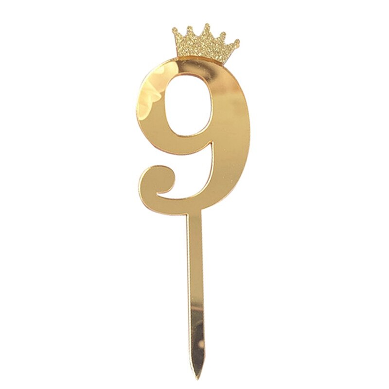 0-9 Numbers Cake Toppers Happy Birthday Cute Crown Number Cake Flag Acrylic Cupcake Topper Birthday Party Cake Decoration Topper