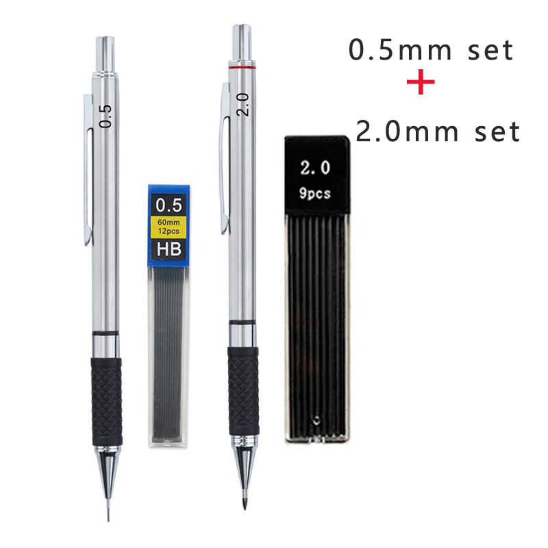 Juego de lápices mecánicos de Metal con agarre para lápiz, suministros de oficina para estudiantes, dibujo artístico, lápiz automático de 0,5/0,7/0,9/2,0mm: Azul marino