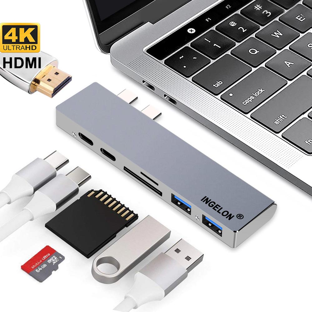 Ingelo 7 in 1 USB C Hub voor MacBook Pro 13 "15" Adapter Duo Type C 5Gbps PD 4K HDMI microSD/SD RJ45 Lan Splitter Metalen USB Hub