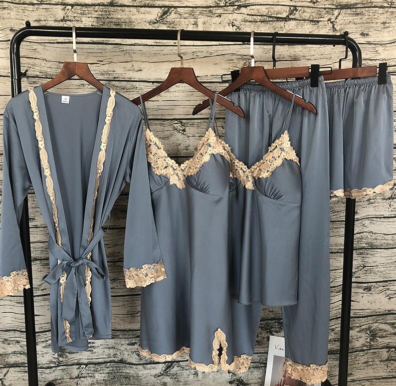 Kvinder satin nattøj 5 stykker pyjamas sexet blonde pyjamas sove lounge pyjamas silke nat hjemmetøj pyjamas jakkesæt: Lanhui / L
