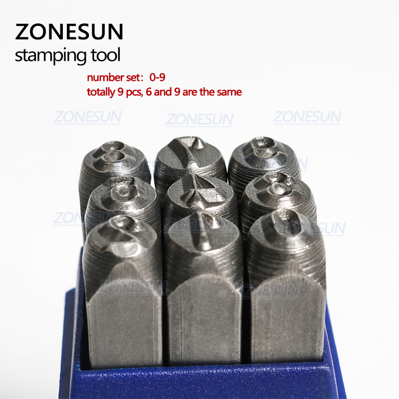 Zonesun 9 stk kulstofstål antikt tinnummer &quot; 0-9 &quot; rektangel stanseværktøj til metalstempling 65mm(2 4/8 &quot; ) x 11mm, 1 sæt