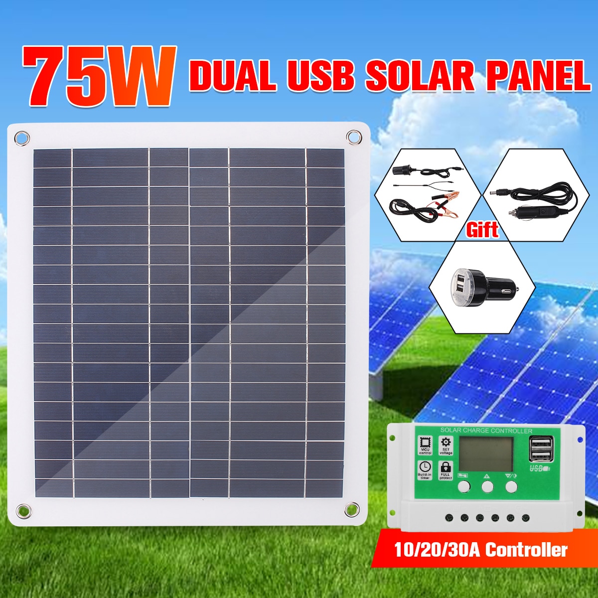Painel solar duplo 18v 75w com dupla saída usb, células fotovoltaicas de 10/20/30 com controlador para carro carregador de bateria de barco para iate