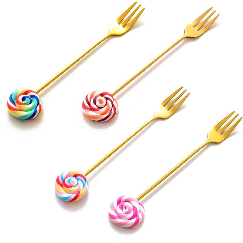 2 Stks/set Lollipop Handvat Lepel En Vork Hars Handvat Roestvrij Staal Fruit Vork Ijs Lepel Soep Lepel Koffie Lepel