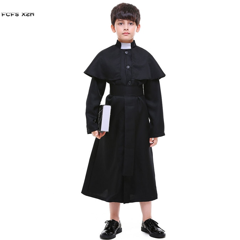 Boys Halloween Pastor Priest robe Costumes Children Catholic father Church choir Cosplays Carnival Purim stage show Party dress