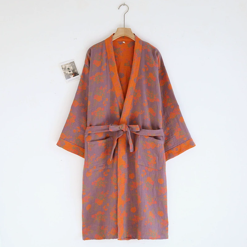 Flerfärgad kimono-badrock dampyjamaskläder för vår och sommar bomull lösa hemsovkläder kimono-rockar med bälte: M / Lavendel-