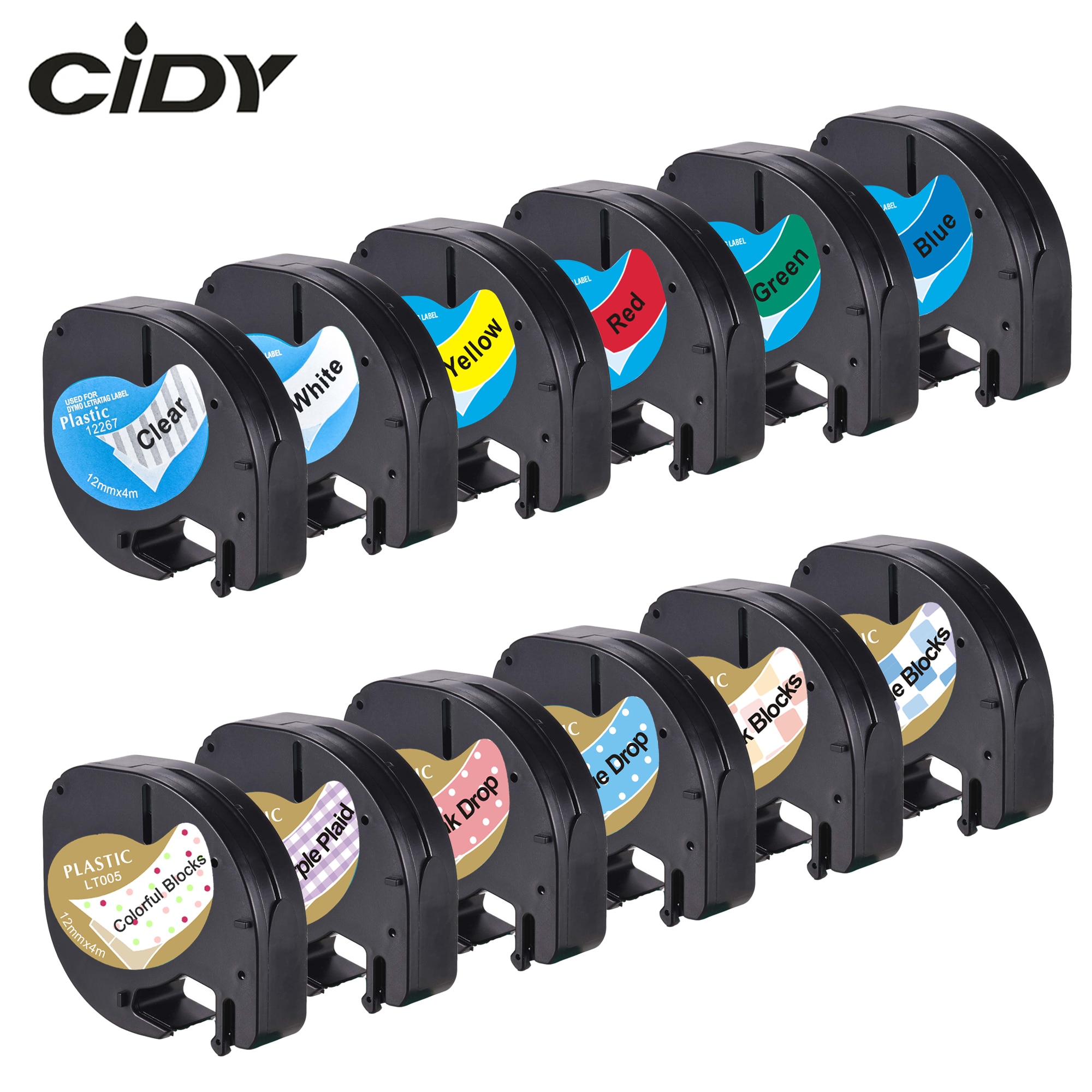 12Pcs Label Tape - 12mm - Plastic & Paper - For Dymo Letratag LT-100H Label Maker
