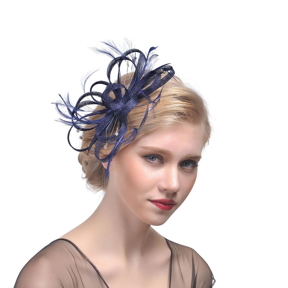 plume coiffure mariée cheveux chapeaux accessoires Elagant dames fête mariée chapeau pour mariage: Navy Blue
