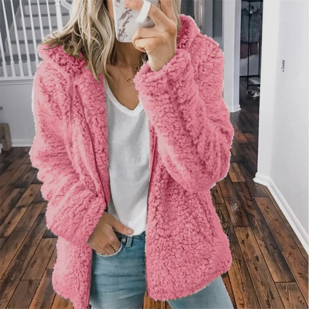 Abrigo de lana con capucha y cremallera para mujer, chaquetas de lana lisa, abrigos sueltos de manga larga de Cachemira, chaqueta de para mujer, invierno,: S / Rosa