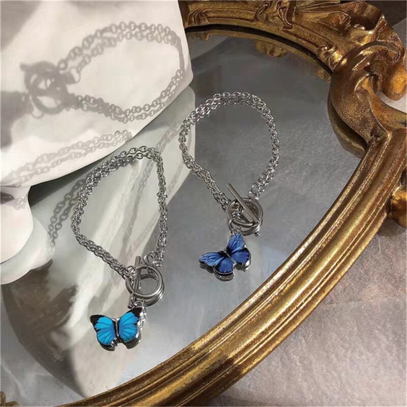 Blue Butterfly Bracelets Personality Aesthetic Butterfly OT Buckle Titanium Steel Chain For Women Girl Bff Lovers Jewelry