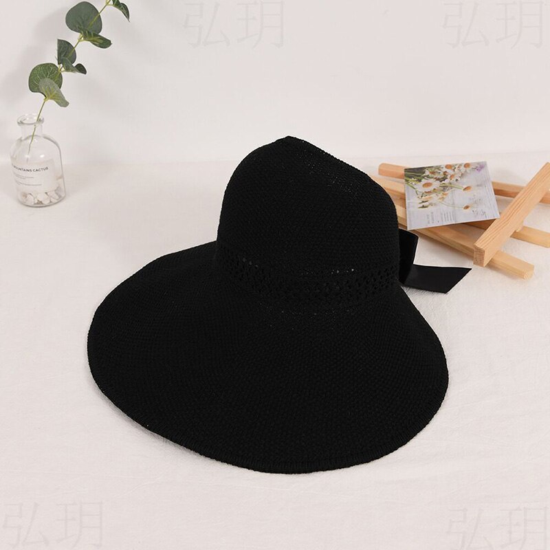 Sombrero de paja con lazo vacío para mujer, gorra de pescador plegable de ala ancha, de verano, para viajes al aire libre y playa, 56-58cm: black