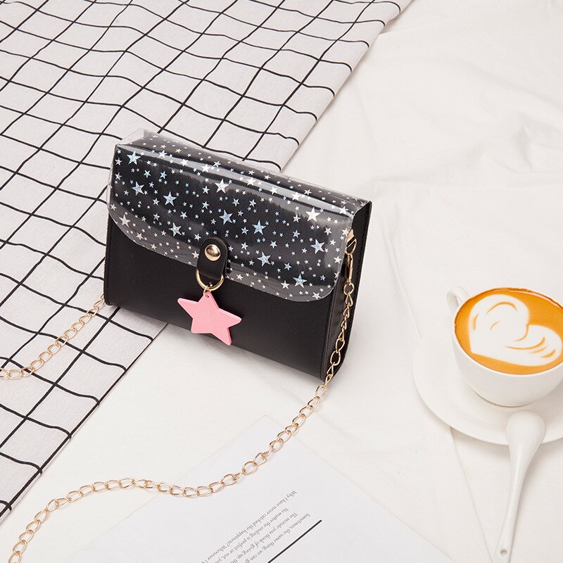 Koreaanse stijl dames schoudertas met sterhanger, slingbag met pailletten, mini-tas, handtassen en avondtassen: Zwart