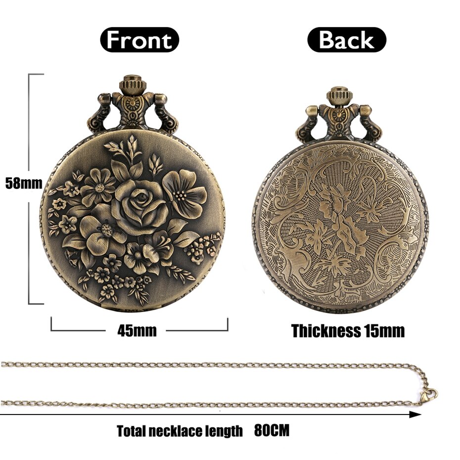 Brons Rose Bloemblaadje Hanger Retro Bloei Bloemen Vrouwen Quartz Pocket Horloges Dames Fob Ketting Ketting Sieraden Klok