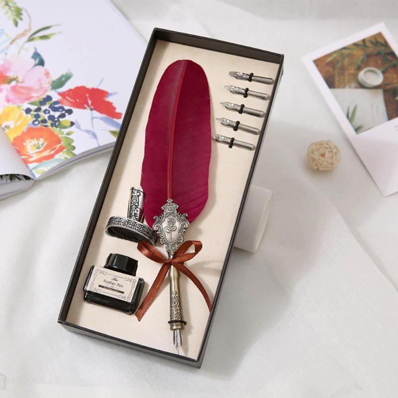 Retro Vintage Kalligrafie Veer Dip Pen Schrijven Inkt Set Quill Handtekening Pen Vulpennen Briefpapier Geschenkdoos Bruiloft Verjaardag