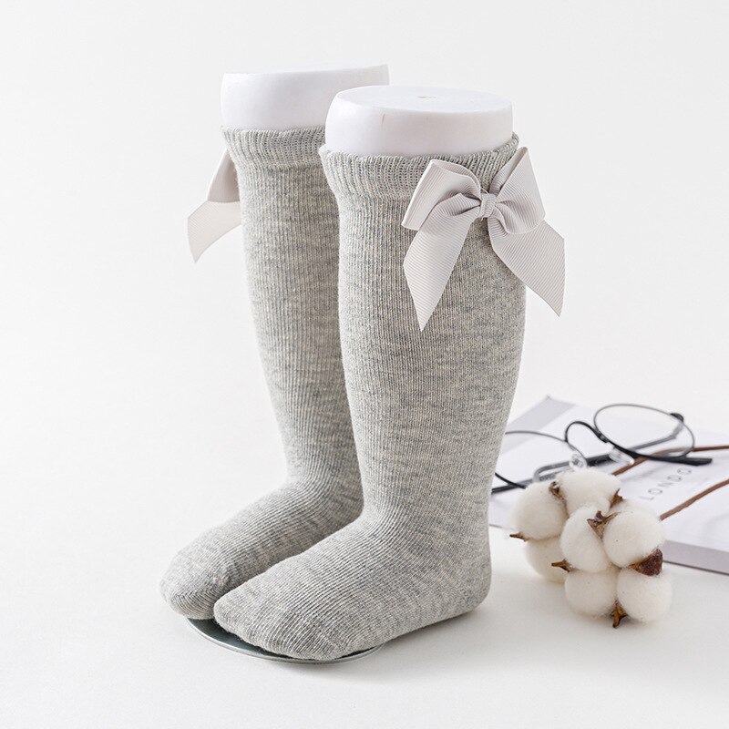 gros nœuds doux coton bébé fille chaussettes couleur unie blanc rose nœud papillon prix filles Kneed chaussettes hautes enfant en bas âge fille longues chaussettes: gray