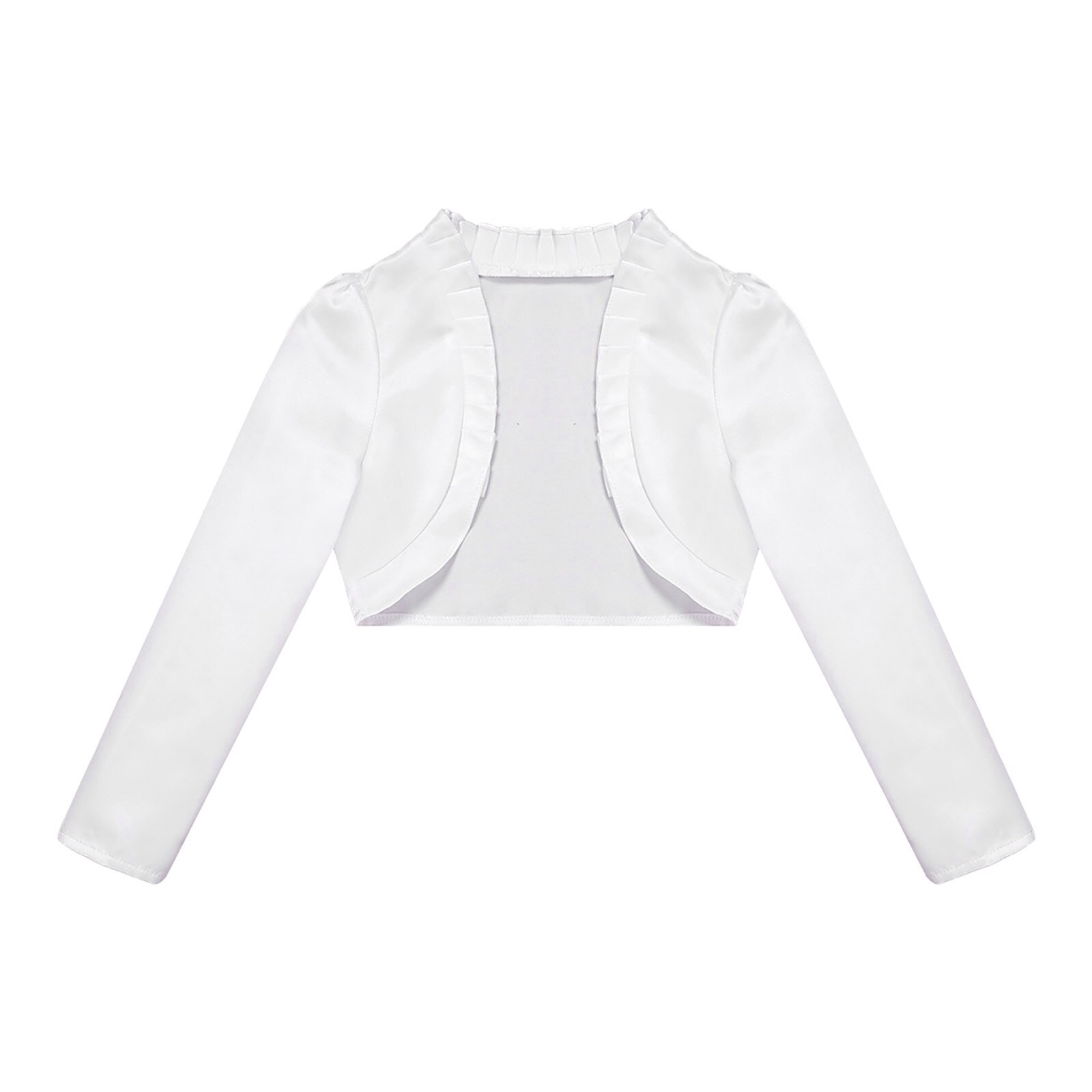 Kids Meisjes Satijnen Bolero Vest Solid Lange Mouwen Open Voorzijde Ruffle Trim Korte Schouderophalen Meisjes Wedding Party Jas Uitloper