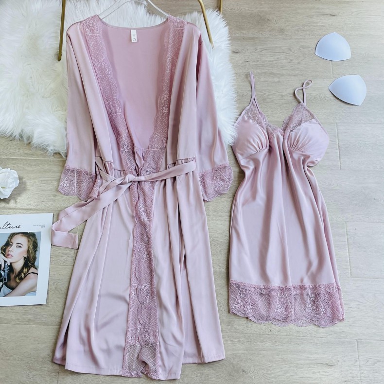 Bata roja de seda sintética para mujer, ropa de dormir de encaje dulce, camisón Sexy con cuello en V, vestido de primavera y otoño para el hogar
