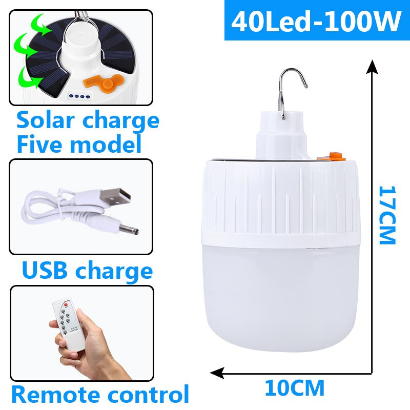 Outdoor Camping Led Light Charging Night Market Stall Lamp Wiring Free Rechargeable Wall Lamp 20/40/60W Portable Tube For Home: 40 Leds Solar Power