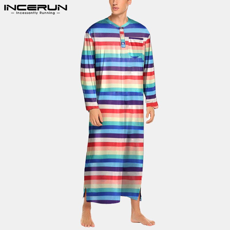 INCERUN Men Robes Striped Colorful Leisure O Neck Long Sleeve Bathrobes Loose Nightgown Comfortable Soft Men Dressing Gown S-5XL