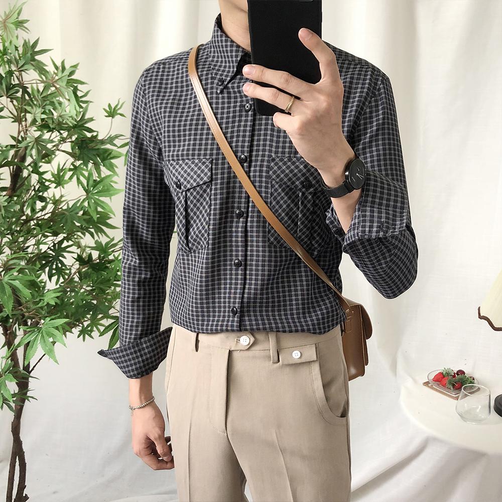 Orange plaid skjorter herre retro slim fit langærmet skjorte mand engelsk stilfuld ternet sommer herre tøj korea tøj: Grå / Xxxl