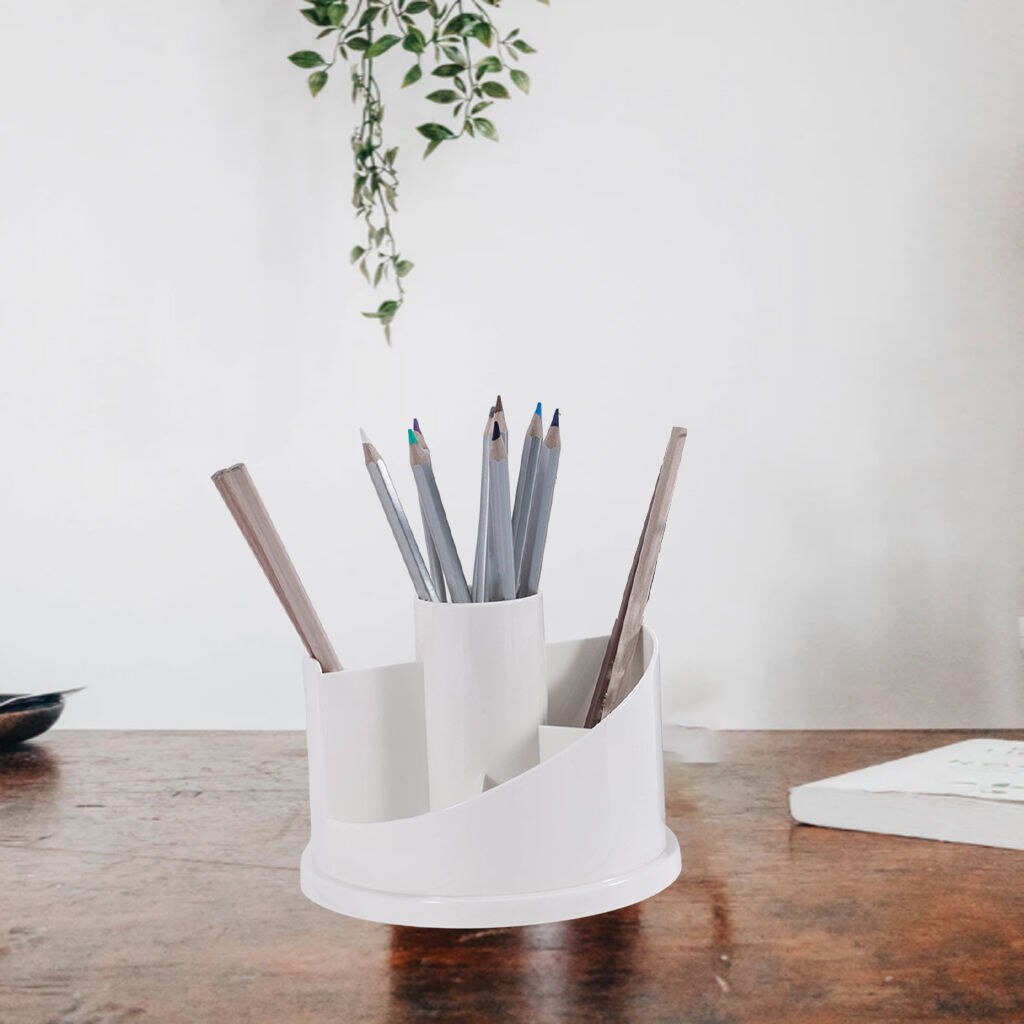 Desk Organizer - Plastic Pencil Cup Holder - Office Supplies Desktop Stationery Storage Box: White